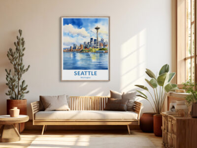 Seattle skyline poster in cozy living room.