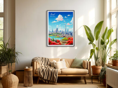 Cozy room with Seoul cityscape artwork on wall.