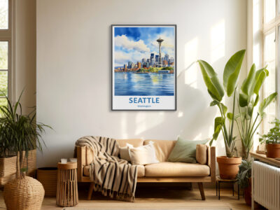 Living room with Seattle skyline poster