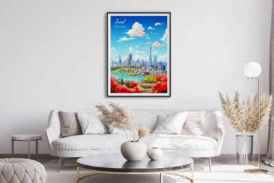 Stylish modern living room with Seoul artwork.