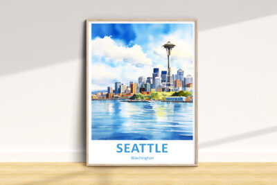 Seattle watercolor skyline with Space Needle