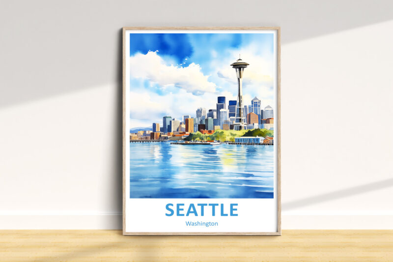 Seattle watercolor skyline with Space Needle