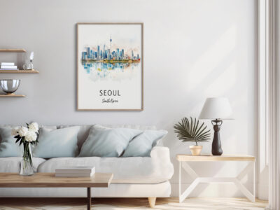 Modern living room with Seoul skyline artwork.