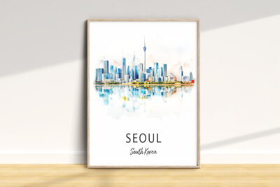 Seoul skyline watercolor art in wooden frame