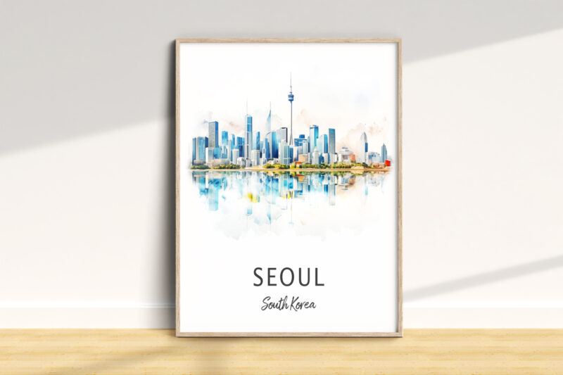 Seoul skyline watercolor art in wooden frame