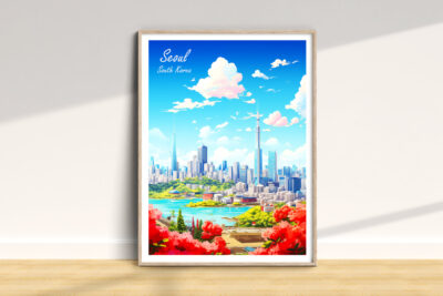Framed poster of Seoul skyline with blue sky.