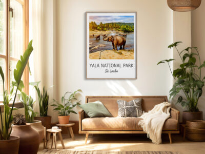 Modern living room with Yala National Park poster.