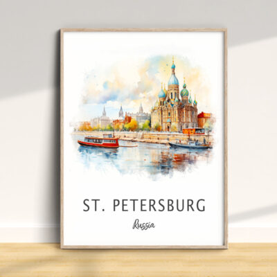 St. Petersburg Russia watercolor painting in frame.