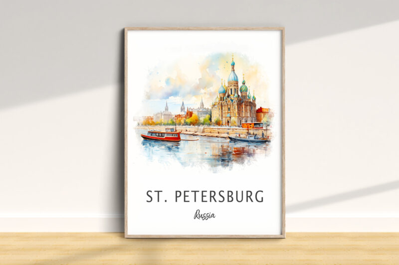 St. Petersburg Russia watercolor painting in frame.