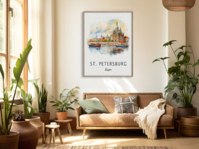 Living room with St. Petersburg poster and plants.
