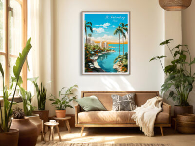 Cozy living room with Florida travel poster.