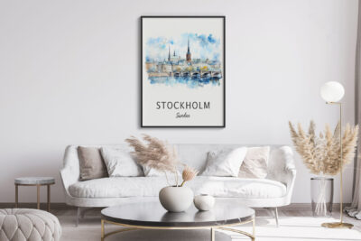 Living room with Stockholm city poster.