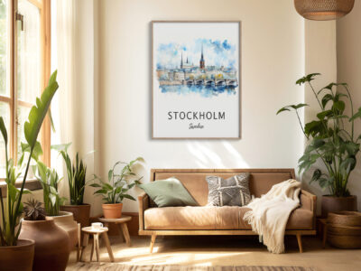 Cozy living room with plants and Stockholm artwork.