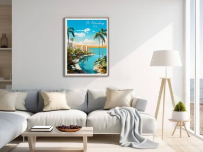 Modern living room with St. Petersburg poster art.