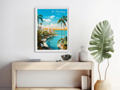 Framed St. Petersburg Florida poster on minimalist wall.