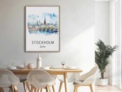 Dining room with Stockholm poster and plant