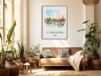 Cozy living room with plants and Florida artwork