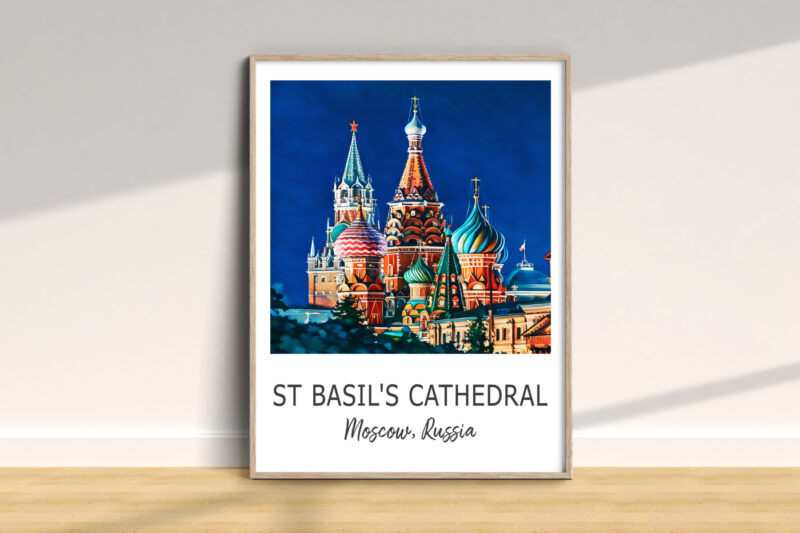 Framed St Basil's Cathedral artwork on wall.