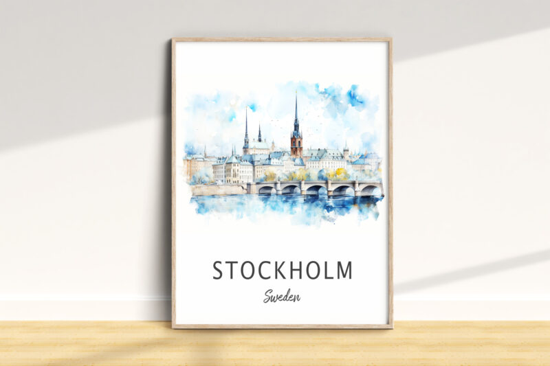 Watercolor cityscape of Stockholm, Sweden.