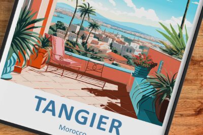 Illustrated Tangier balcony view with plants, cityscape.