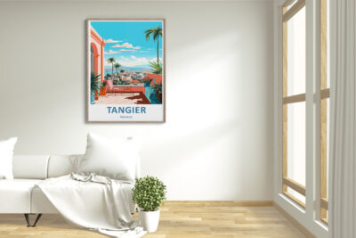 Tangier travel poster on white wall above couch.