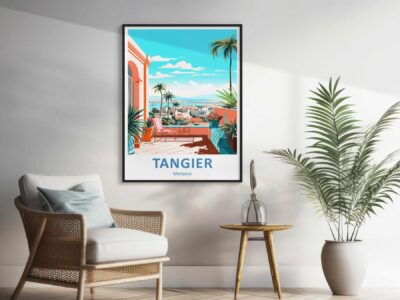 Framed Tangier poster, Morocco, in stylish room.