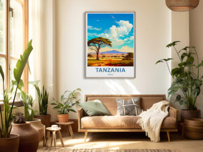 Living room with Tanzania poster and plants