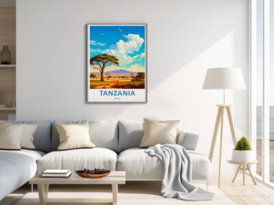 Bright living room with Tanzania poster on wall.
