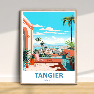 Colorful Tangier illustration with city view and plants.