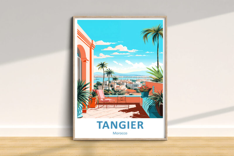 Colorful Tangier illustration with city view and plants.
