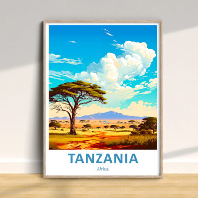 Tanzania landscape illustration with tree and clouds.