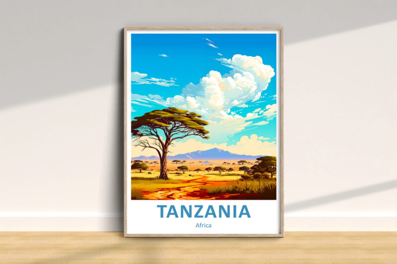 Tanzania landscape illustration with tree and clouds.
