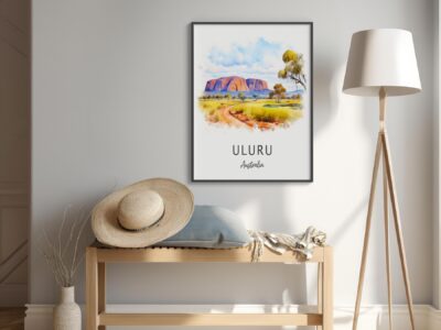 Stylish room with framed Uluru Australia painting.