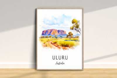 Colorful painting of Uluru landscape in Australia.