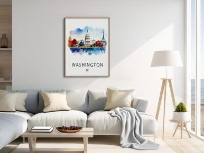 Cozy living room with Washington DC artwork.
