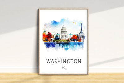 Colorful Washington, D.C. landmarks watercolor art.