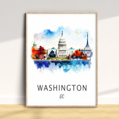Colorful Washington, D.C. landmarks watercolor art.