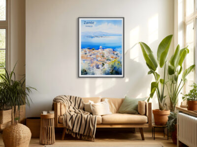 Cozy living room with Zante Greece artwork.