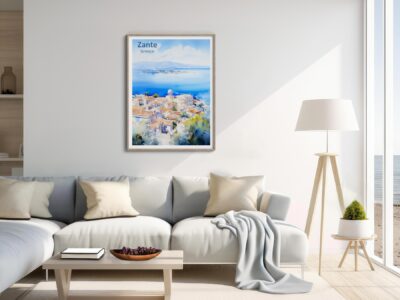 Modern living room with Zante Greece artwork.