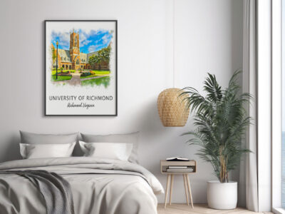 Bedroom with University of Richmond artwork on wall