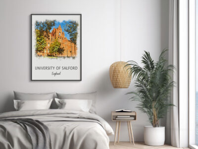 Bedroom with University of Salford artwork decor.