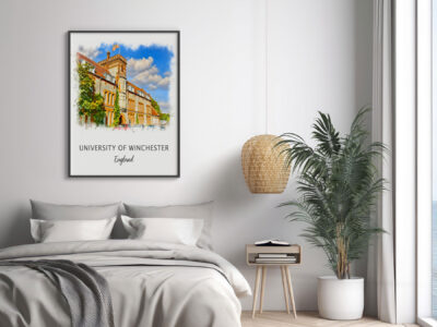 University of Winchester poster in modern bedroom.