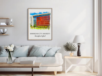 Modern living room with university artwork on wall.