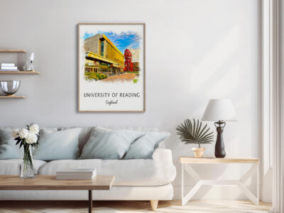 Framed University of Reading artwork in modern living room.