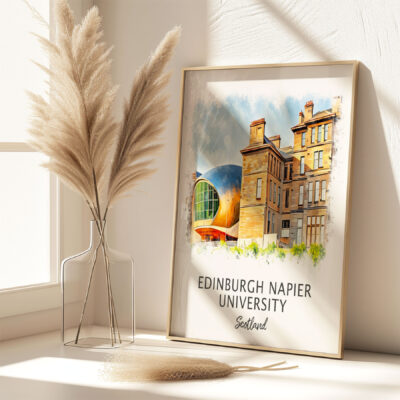 Framed Edinburgh Napier University artwork with pampas grass.