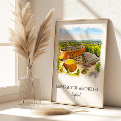 Framed University of Winchester artwork near window.