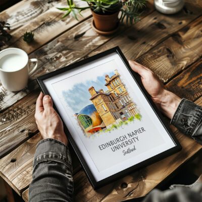Framed Edinburgh Napier University illustration on wooden table.