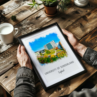 Holding framed University of Sunderland artwork on table.