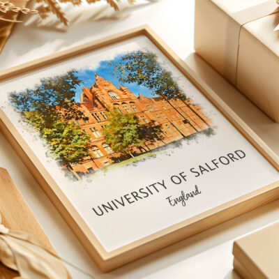 University of Salford, England illustration in wooden frame.