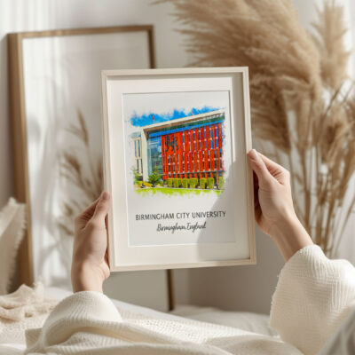 Holding framed Birmingham City University artwork.